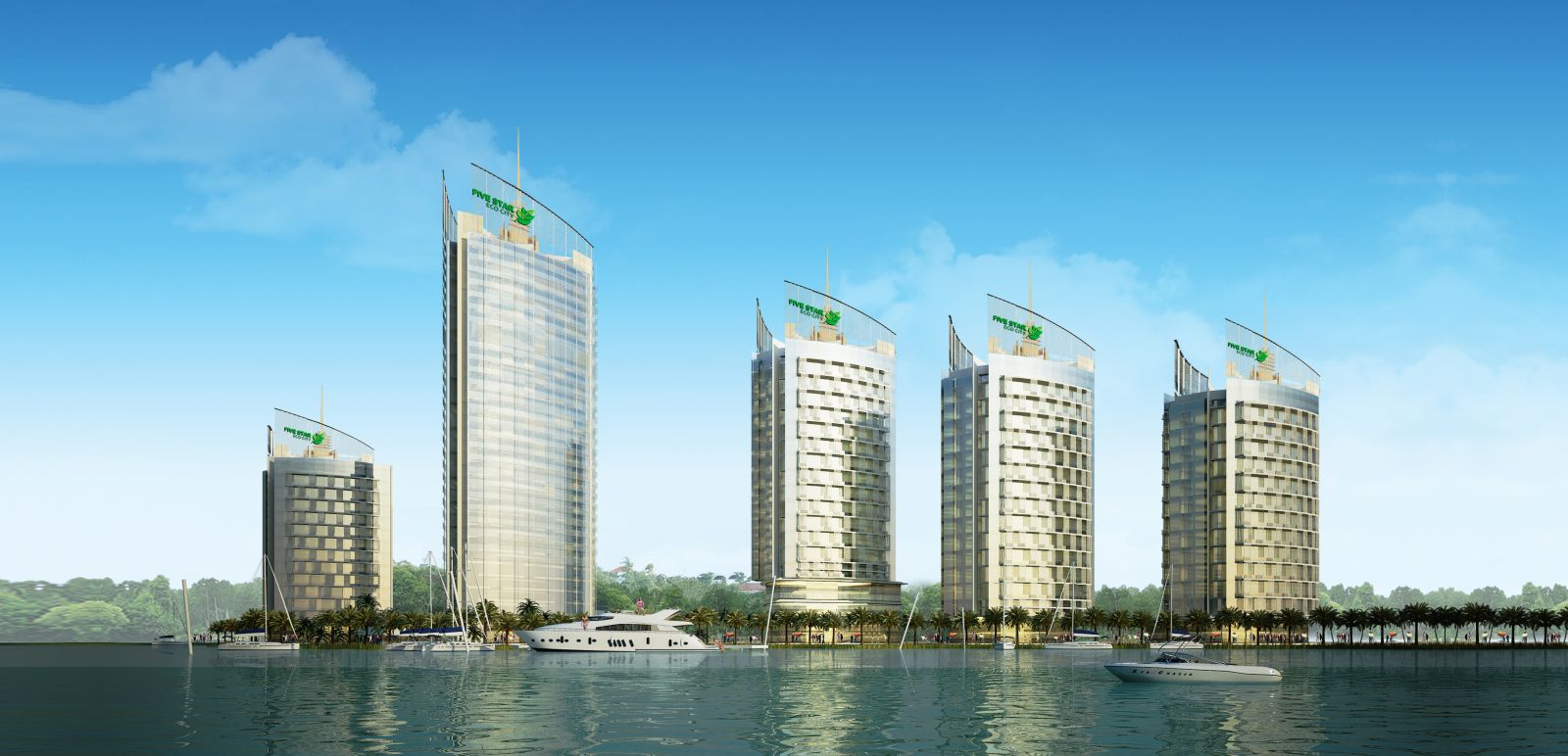Phối cảnh 5 tòa tháp Trung tâm Tài chính - Thương mại, dự án Five Star Eco City